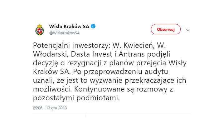Złe wieści dla Wisły Kraków....